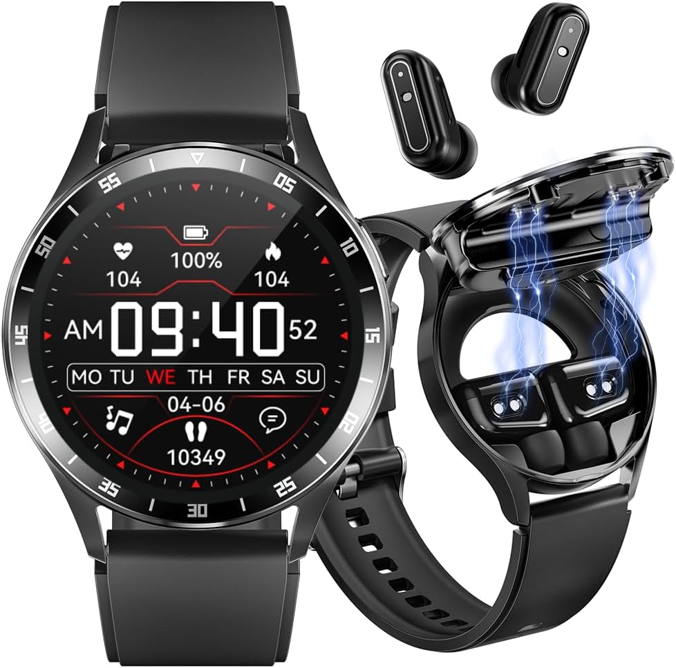 Smart Watch with Earbuds, 1.32 Inch Round Fitness Watch X10, 2 in 1 Bluetooth Watch with Step,Calories,Sleep Monitor,Heart Rate Blood Pressu-re Monitor for iOS & Android
