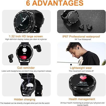 Smart Watch with Earbuds, 1.32 Inch Round Fitness Watch X10, 2 in 1 Bluetooth Watch with Step,Calories,Sleep Monitor,Heart Rate Blood Pressu-re Monitor for iOS & Android