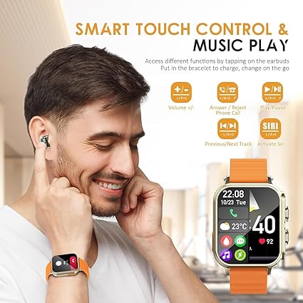 Smart Watch with Earbuds, 1.96“ Smartwatch for Android/iOS, Watches for Men Women IP67 Waterproof Fitness Tracker with Heart Rate Blood Oxygen Sleep Monitor, Sports Calls Message (Orange)