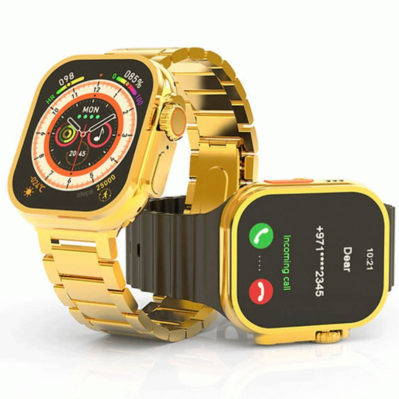 i20 Ultra Max Suit Smartwatch with Wireless Earbuds – Golden Chain Base, 7-in-1 Stylish Combo